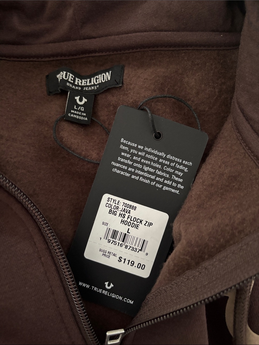 True Religion Chocolate Brown Full-Zip Hoodie with Logo - Picture 3 of 3